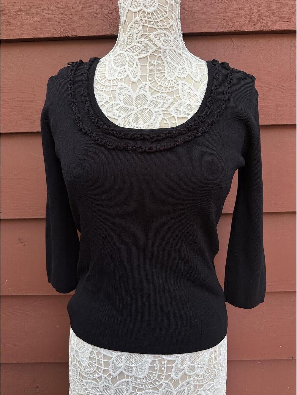 Joseph A Black Scoop Neck Top with Lace Trim and 3/4 Sleeves